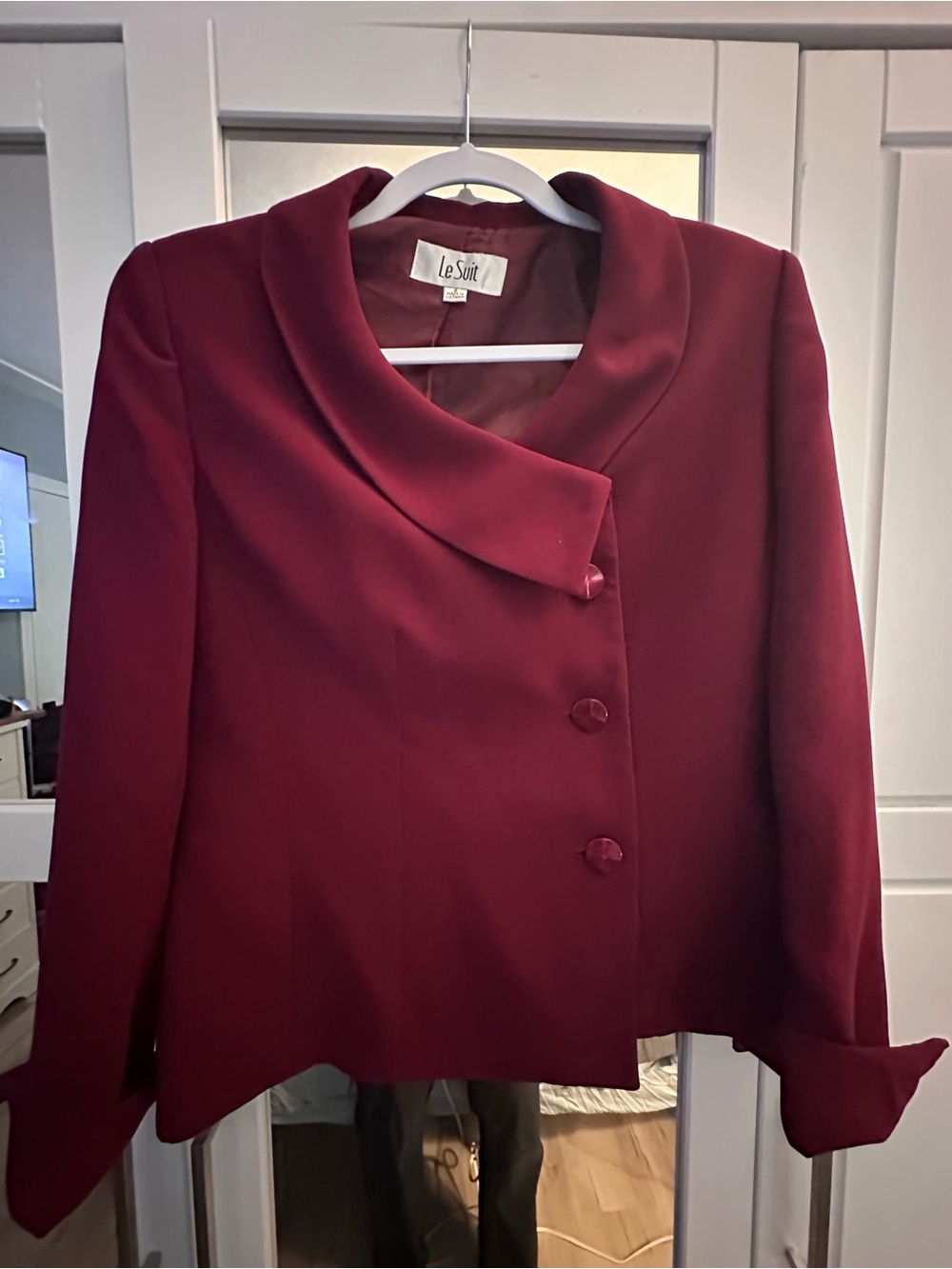 Le Suit Deep Burgundy Draped Collar Blazer